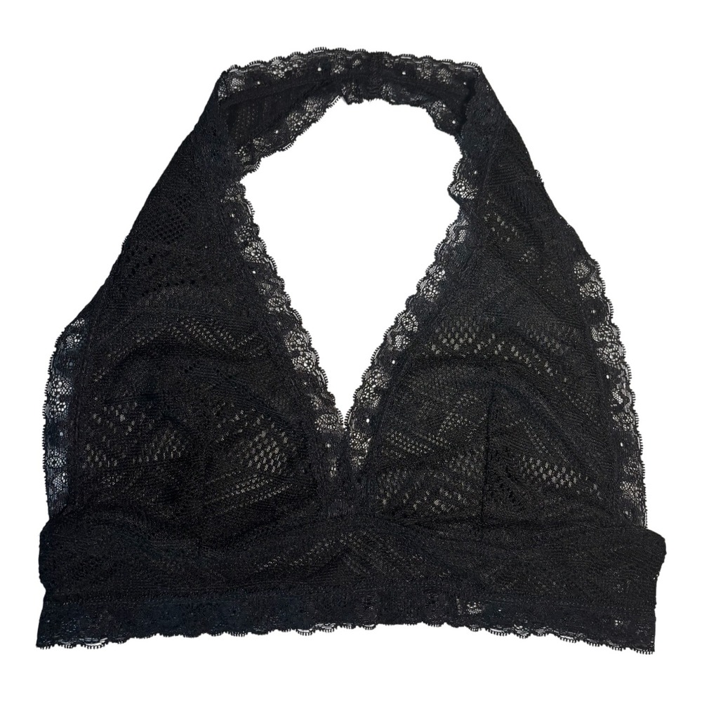 Zenana Outfitters Black Lace Halter Bralette Size S LT-6303 Floral Sheer V-Neck